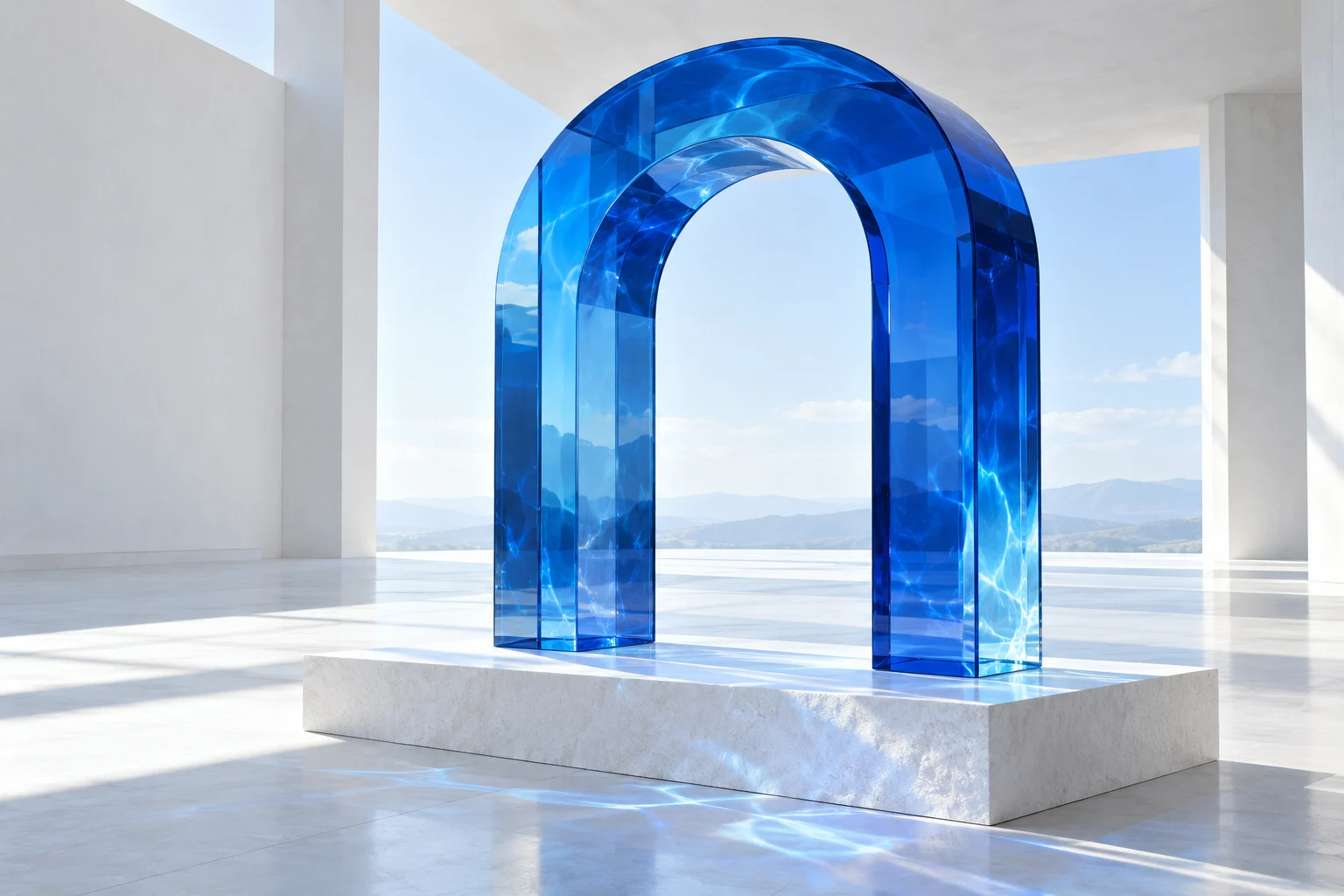 Portal escultórico de cristal azul en un espacio luminoso